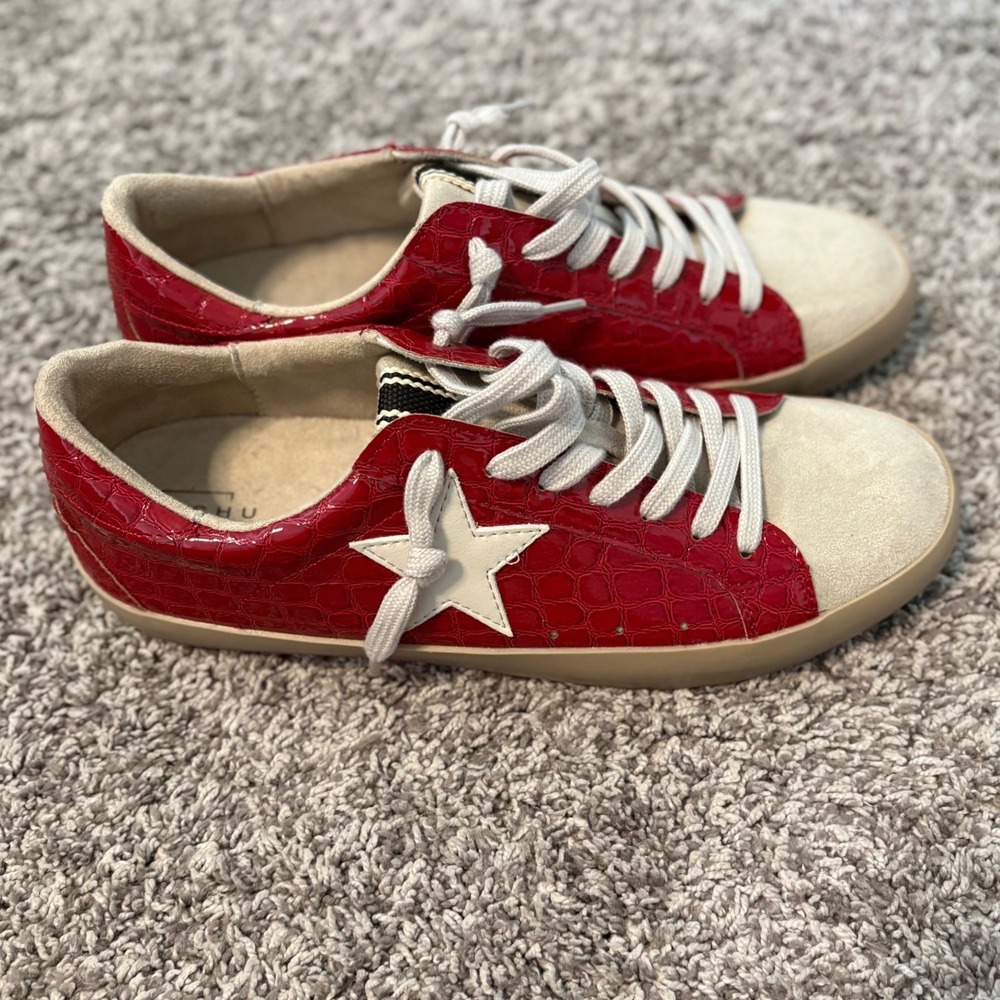 ShuShop New Paula Womens Sneakers Cherry Red Glossy Croco Texture Suede Size 11